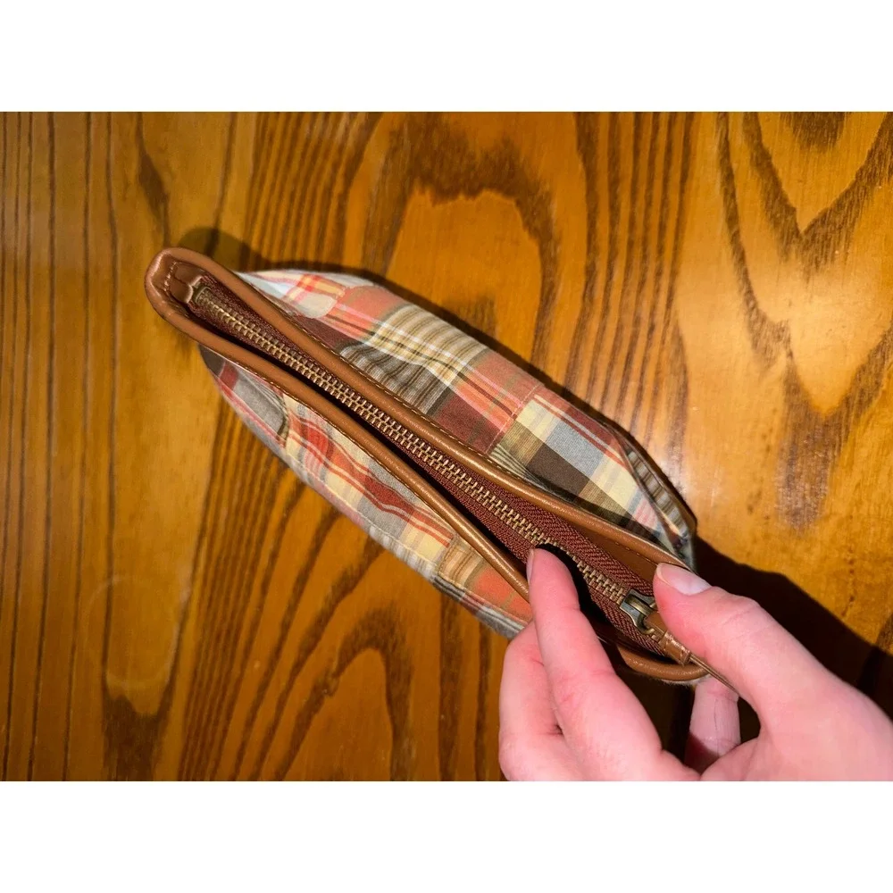 Ann Taylor LOFT Patchwork Plaid Cosmetic Bag Brown‎ Faux Leather Trim Clutch
